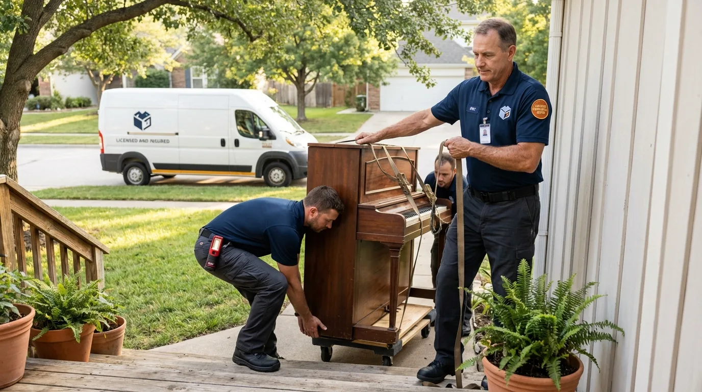 Licensed piano movers securing grand piano in Schaumburg, IL