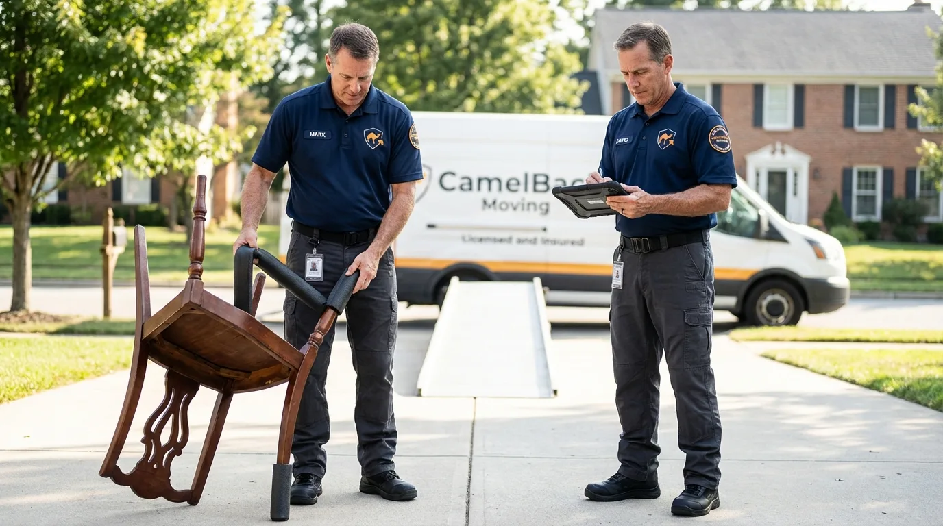Movers inspecting furniture for damage prevention before loading in Schaumburg, IL
