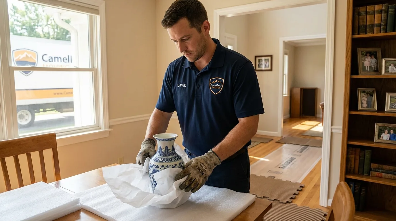 Professional crew carefully wrapping antique vase for senior downsizing move in Schaumburg, IL